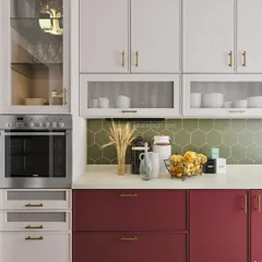 A view of the built-in oven and crockery unit in the magenta kitchen, showing how we integrate appliances seamlessly into a colorful and stylish design.