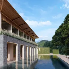 For this resort in the Himalayan foothills, I designed a space where architecture and nature merge. The infinity pool reflects the surrounding greenery, while the structure's clean lines and natural materials create a sanctuary of modern, biophilic luxury.
