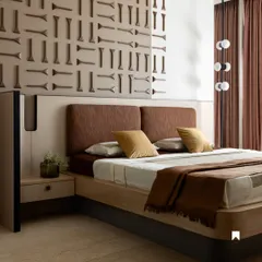 The son's bedroom in the 'ARAH' project, where we blended earthy tones and rich textures. The custom 3D wooden panel behind the bed creates a bold, graphic statement, while the warm, neutral palette maintains an atmosphere of understated elegance.