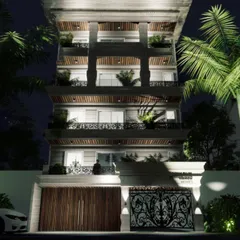The night view of the timeless classical residence. Ambient lighting highlights the stone columns and intricate metalwork, creating a soothing and majestic presence after dark.