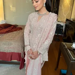 Glowing from within! Shubhangi's Roka ceremony look is a testament to her inner radiance. We kept it soft and pretty in pink to match her beautiful pastel outfit.