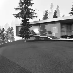 A concept for an extension to a property in a pine forest. Full-height glass walls are used to dissolve the boundary between the interior and the surrounding woods, creating an immersive living experience.