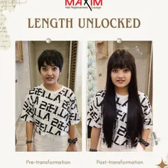 This "Length Unlocked" transformation shows a client going from a very short, boyish cut to a long, feminine style with bangs. It demonstrates how extensions can completely redefine your entire look.