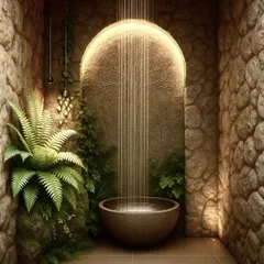 A conceptual design for a truly unique bathroom corner. This vision features a stone-walled grotto with a rainfall shower cascading into a basin, creating an indoor oasis that connects you with nature.