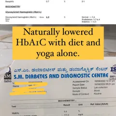 Reversing pre-diabetes is possible. This client's HbA1C levels, a key marker for diabetes, dropped from 6.2 to a normal 5.6 in just three months using only diet and yoga, proving that lifestyle changes can create profound healing.
