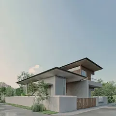 This is a render of our Sanctuary Residence project in Nandi Hills. The design uses simple, linear masses and deep roof overhangs to create a modern home that is both elegant and responsive to the climate.