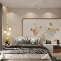 The heart of this children's room is the sleek modular bed, layered with plush pillows and set against a whimsical world map mural. The design sparks curiosity and turns global geography into a playful adventure.