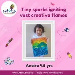 This vibrant sunset over the ocean by 4.5-year-old Anaira is a tiny spark that ignites a vast creative flame.