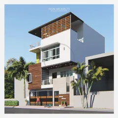 The Vishal residence in Bangalore, designed with a prominent sloped roof and a wooden screen on the top floor. The facade combines wood cladding, white walls, and concrete textures for a layered, contemporary feel.