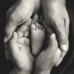 Sometimes, the biggest love is found in the tiniest details. This classic black and white photo focuses on a newborn's perfect little foot held safely in their parents' hands, a timeless symbol of protection, love, and a new beginning.