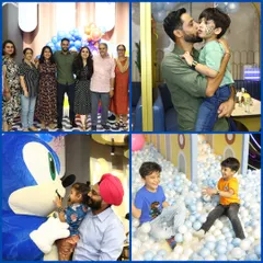 A collage from Viransh's 5th birthday party. It shows the whole family celebrating together, the birthday boy getting a sweet kiss from his dad, and kids having a blast in the ball pit.