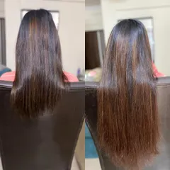 A permanent hair extension service that added beautiful highlights and significant length, completely transforming the client's look.