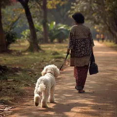 A gentle stroll through the park for Fluffy the Poodle. Our walks are a great time for one on one bonding with each dog.