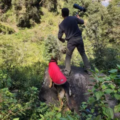 Here I am in my element, camera in hand, on a rocky outcrop in the forests of Chopta. My dog Jiraiya is right there with me, my constant companion on these photography expeditions.