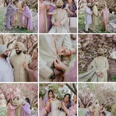 A collage showcasing the groom's getting ready moments. From the tying of the turban to the final touches from his family, these shots tell the story of his preparation for the big day.