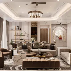 This contemporary living room design combines warm, earthy tones with luxurious comfort. The space features a custom-designed pooja mandir, a statement chandelier over the dining area, and plush, curved sofas, all working together to create a sophisticated and welcoming family space.