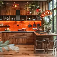 I designed this kitchen with a warm, rustic feel, using rich wood cabinetry and a bold orange backsplash. The hanging pendant lights and integrated breakfast bar create a cozy and inviting atmosphere perfect for cooking and socializing.