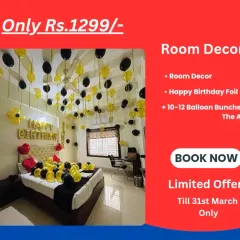 Promotional offer for a Room Decor package for Rs. 1299, including foil letters and balloon bunches.