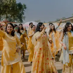 A group of ladies from the family enjoying a dance at the haldi ceremony. Our choreography is designed to be fun and accessible for everyone.