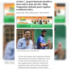 A news clipping where I shared my opinion on player workload management. I have always believed that playing for the country, especially in Test cricket, must be the highest priority.