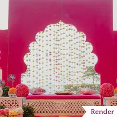 **The Vision:** A render for a bright and playful Mehendi seating area, using a traditional arch cutout against a vibrant pink backdrop with a colorful checkered floor.