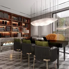 The main chamber of the lawyer's office, featuring a grand desk, a floor-to-ceiling library with an integrated fireplace, and a view of a green wall. The design exudes authority and sophistication.