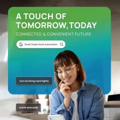 With our system, you are always in control. This image captures the convenience of managing your home through simple voice commands or a quick tap on your smartphone, bringing the future of living to you today.