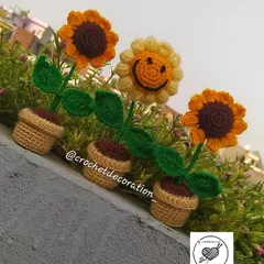 A happy family of mini sunflower pots, including one with a cute smiley face. These are great for car dashboards or as small gifts to brighten someone's day.