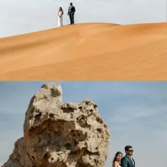 This collage showcases the epic scale of the Dubai desert. The top photo shows the couple standing atop a vast sand dune, while the bottom image places them against dramatic rock formations for a different texture.