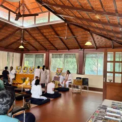 After a deep meditation, our gurubhais gather for prasad and fellowship. This image captures the joy and connection that follows our Sunday Satsang, where we share not just spiritual practice but also simple, happy moments.
