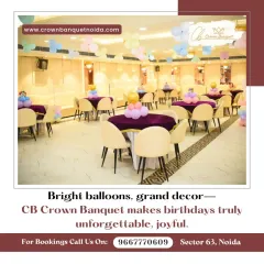 A bright and cheerful birthday setup. The hall is decorated with pastel-colored balloons and round tables, creating a light and joyful ambiance for a daytime celebration.