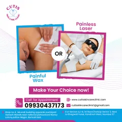 Why choose painful waxing when you can have painless laser treatment? This image compares the old method with our modern solution. Our laser hair removal offers a comfortable, quick, and more permanent alternative to traditional hair removal methods.