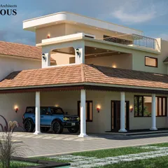 A design for a modern farmhouse that combines traditional sloped tile roofs with contemporary elements like a rooftop terrace and large glass windows. The integrated carport adds to its practical, modern functionality.