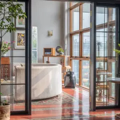 A view through the large glass doors shows how we connected the interior spaces. The design allows for glimpses from one room to another, creating a sense of flow and discovery. The terracotta-colored floor tiles add warmth and a touch of traditional character.