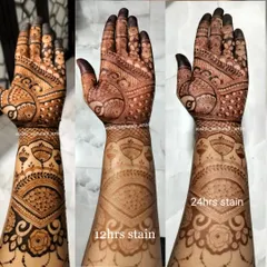 The magic of natural henna. This shows the stain progression from the fresh paste to a 12-hour stain, and finally the rich, dark 24-hour stain. Good aftercare is key.