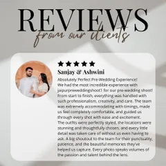 A glowing 5-star written review from Sanjay and Ashwini, who praise our team's professionalism, creativity, care, and punctuality. We love helping create beautiful memories!