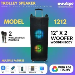 This trolley speaker model (1212) is built to last with a durable wooden body. It features two 12-inch woofers, wheels, a handle, and comes with two wireless mics for your outdoor events.