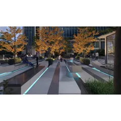 The same plaza at dusk, where integrated lighting within the benches and planters transforms the mood, creating a sophisticated and usable evening space.