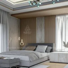 A luxurious master bedroom concept featuring a statement wall with vertical wood slats and marble panels. The design is elevated by a modern molecular chandelier and layered lighting. The neutral grey and wood tones create a sophisticated and calming sanctuary.