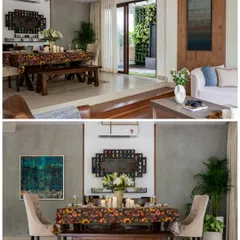 This split image shows two views of the same dining and living area. The design uses a split-level floor plan to define the spaces while maintaining an open feel, with large glass doors that lead to a patio featuring a vertical garden.