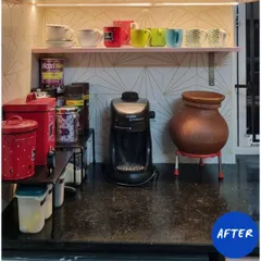 The 'after' shot demonstrates the power of optimizing vertical space. By using shelf risers, we cleared the counter and created a tidy, functional coffee and tea station.
