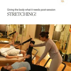 Personal guidance is at the heart of what we do. This is a look at a post-session stretch on the Reformer, where I help a client safely lengthen her muscles and release tension.