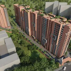 This aerial render showcases the master plan for a large residential development. We strategically placed green rooftops and community amenities to maximize space and create a holistic living environment that rises above the ordinary.