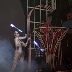 A smoky, atmospheric shot from a Halloween performance. The LED poi add to the spooky vibe, cutting through the fog with their eerie glow.