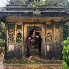 A moment of awareness and a deep backbend in front of an old temple in Coorg. My retreats often include visits to such sacred places, where the history and energy inspire a deeper practice.