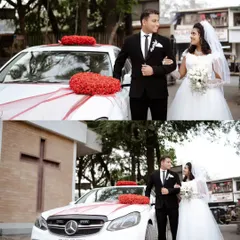 A collage of the couple with their beautifully decorated wedding car. The classic black suit and white gown create a timeless look.