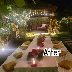 A chic outdoor 14th birthday celebration at a luxury villa in Prestige Summer Fields. We created a beautiful low-seating arrangement with fairy lights and floral centerpieces for a sophisticated teen party.