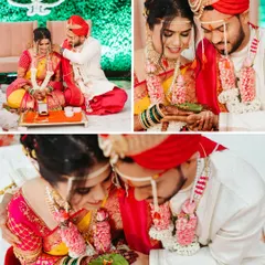A collage of intimate moments from a Maharashtrian wedding ceremony. It shows the couple performing rituals together, their hands joined, their heads bowed in respect.