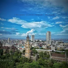 This aerial photograph captures the historic Rajabai Clock Tower nestled amongst the lush greenery and surrounding heritage buildings of South Mumbai, with the sea in the distance.