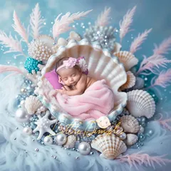 A tiny pearl in a seashell. This mermaid-inspired setup uses soft fabrics and a collection of real and prop shells to create a beautiful, whimsical ocean scene for your baby girl.